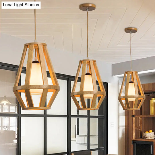 Stylish Asian Pendant Light With Wood Finish Single Bulb And White Cylinder Shade