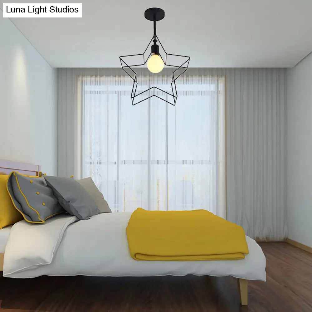 Stylish Black Wire Frame Ceiling Lamp With Star Shade - Bedroom Semi Flush Mount Lighting