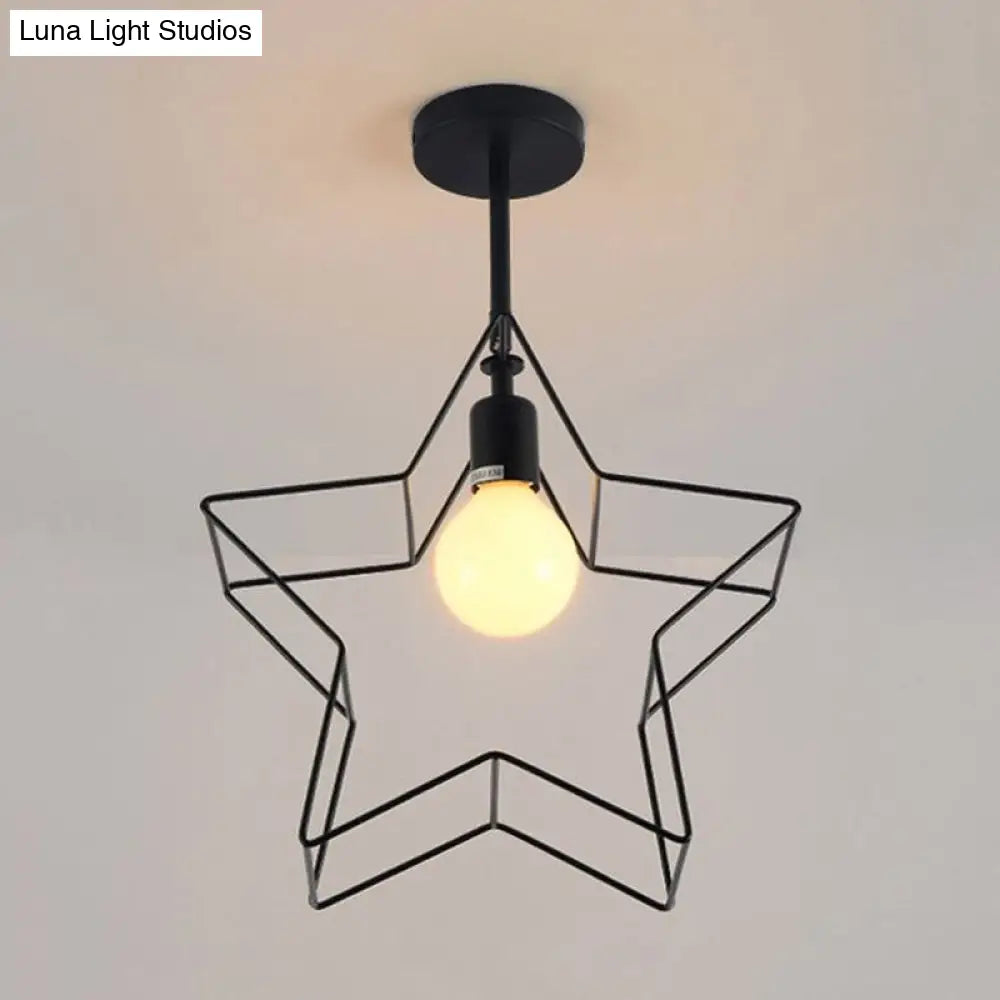 Stylish Black Wire Frame Ceiling Lamp With Star Shade - Bedroom Semi Flush Mount Lighting