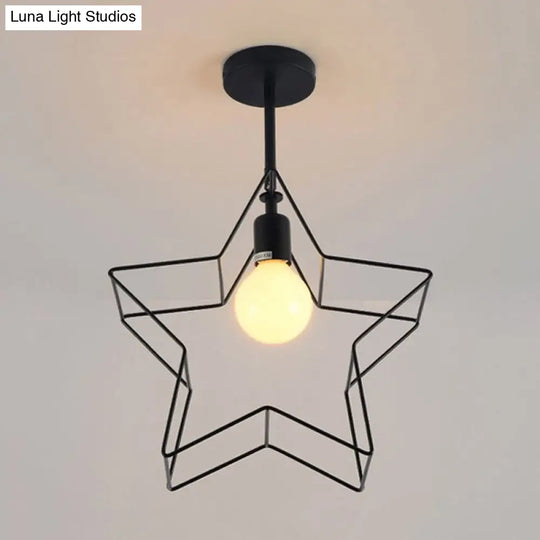 Stylish Black Wire Frame Ceiling Lamp With Star Shade - Bedroom Semi Flush Mount Lighting