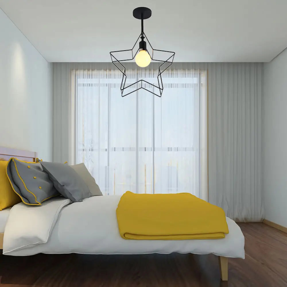 Stylish Black Wire Frame Ceiling Lamp With Star Shade - Bedroom Semi Flush Mount Lighting