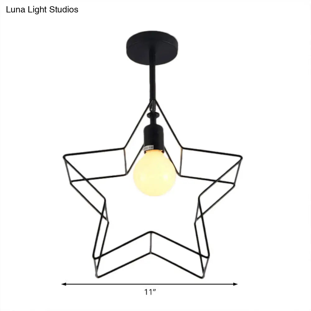 Stylish Black Wire Frame Ceiling Lamp With Star Shade - Bedroom Semi Flush Mount Lighting