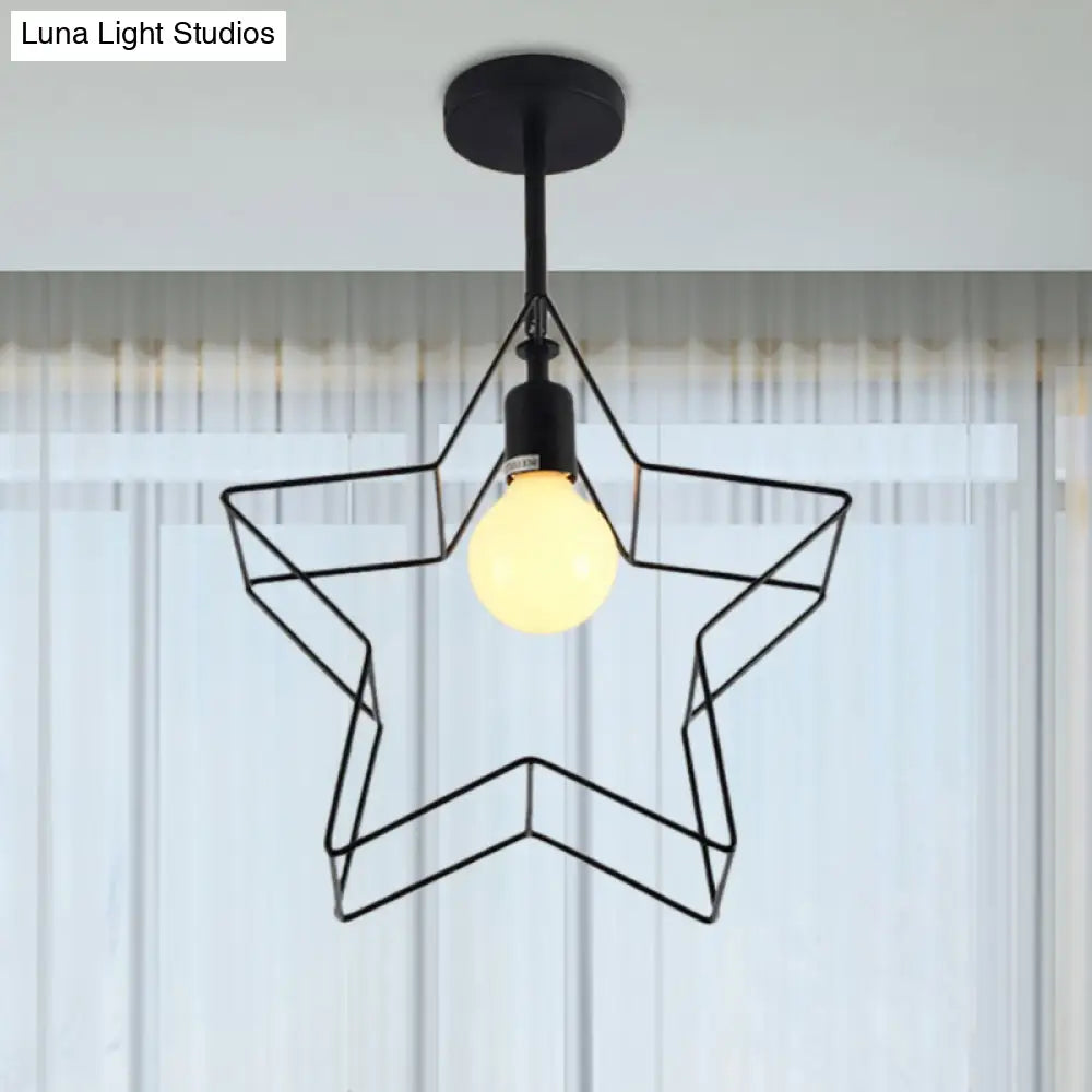 Stylish Black Wire Frame Ceiling Lamp With Star Shade - Bedroom Semi Flush Mount Lighting