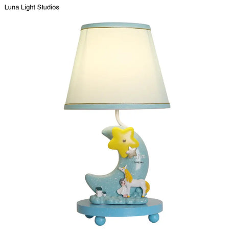 Stylish Blue Fabric Cone Table Lamp With Moon And Star Design