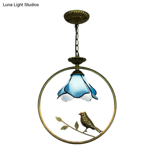 Blue Petal Tiffany Style Hanging Light Fixture - Handcrafted Art Glass Ceiling Lamp With Metal Ring