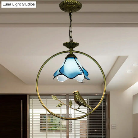 Stylish Blue Petal Tiffany Hanging Light Fixture - Handcrafted Art Glass Ceiling Lamp With Metal