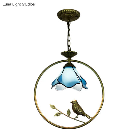 Stylish Blue Petal Tiffany Hanging Light Fixture - Handcrafted Art Glass Ceiling Lamp With Metal