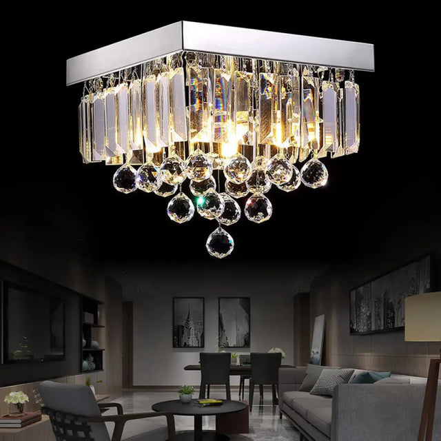 Stylish Crystal Shade Chrome Ceiling Flush Mount Light With 4 Lights For Living Room