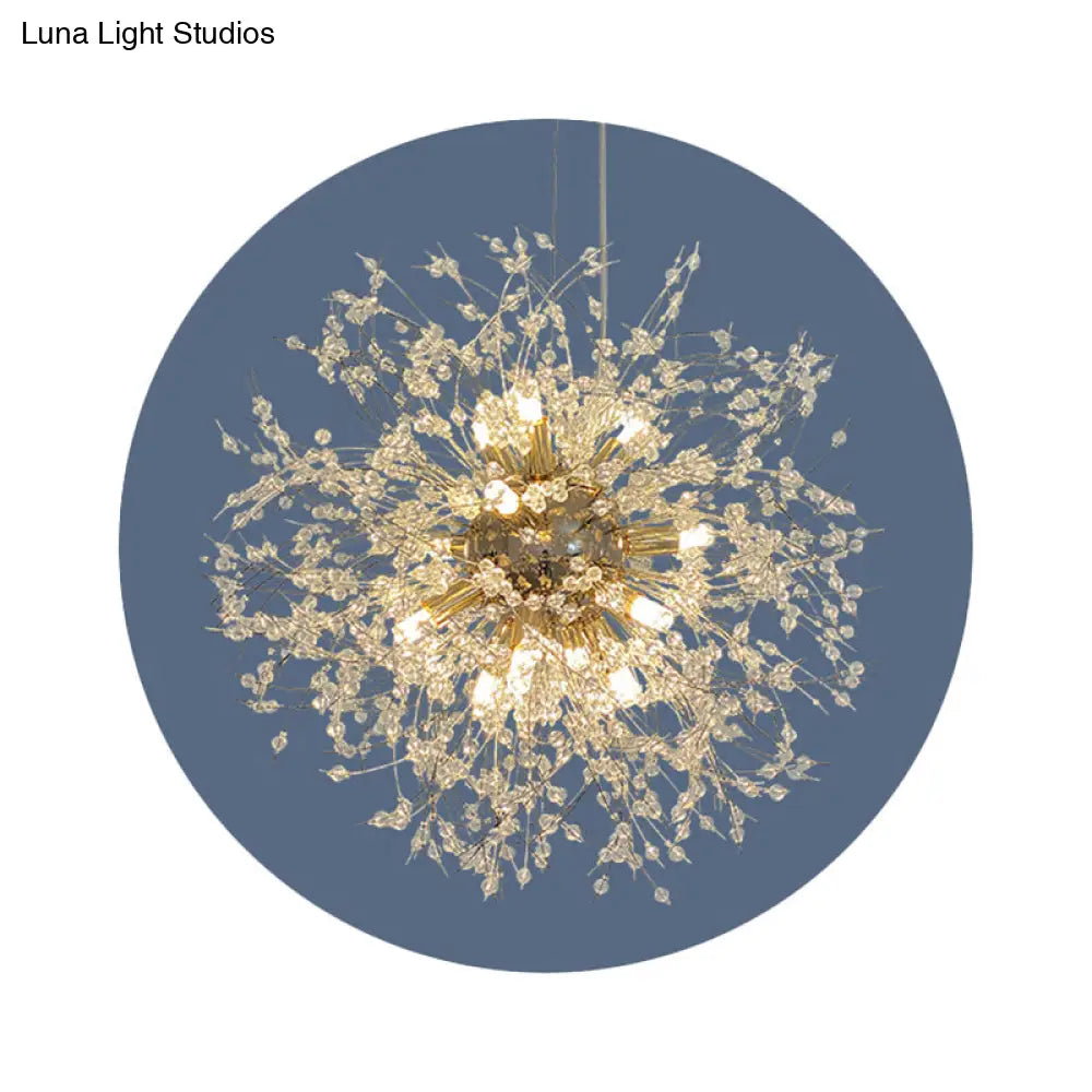 Stylish Dandelion Chandelier With Clear Crystal Beads - Modern Led Ceiling Light For Bedroom Brass