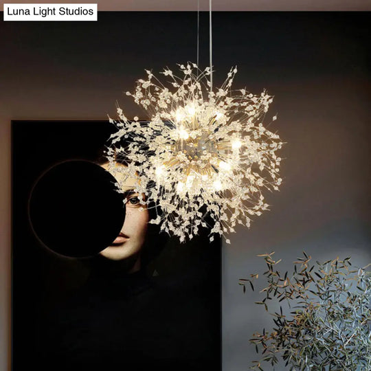 Clear Crystal Bead Led Ceiling Light: Modern & Stylish Dandelion Chandelier In Brass - Perfect For