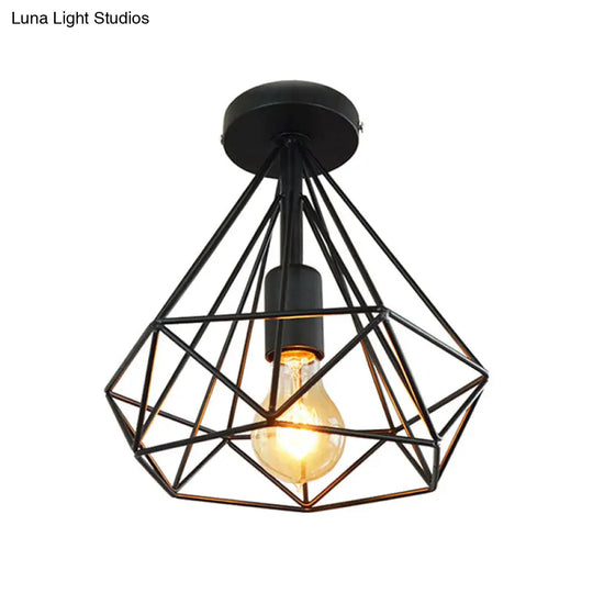 Stylish Diamond Metallic Ceiling Light Fixture For Bedroom - Semi Flush Industrial Cage Design