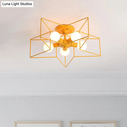 Stylish Grey/Pink Metallic Loft Indoor Semi-Flush Ceiling Light With Star Cage Shade - Set Of 5