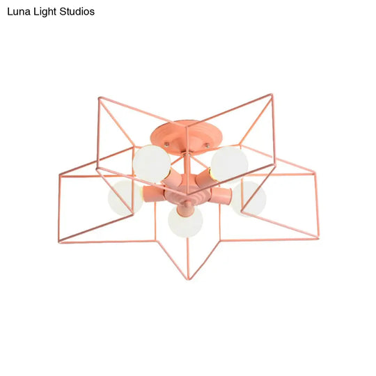 Stylish Grey/Pink Metallic Loft Indoor Semi-Flush Ceiling Light With Star Cage Shade - Set Of 5