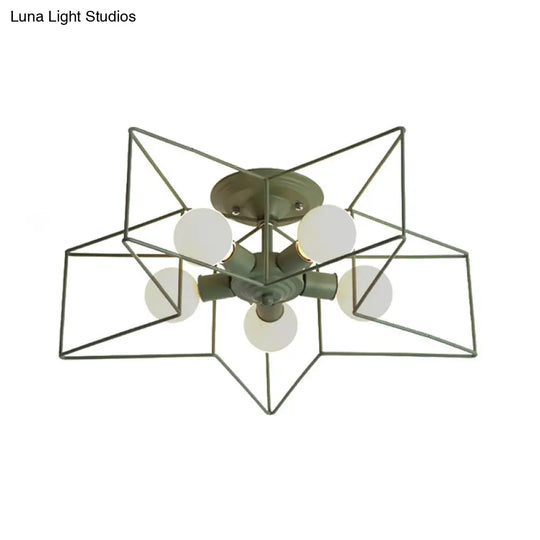 Stylish Grey/Pink Metallic Loft Indoor Semi-Flush Ceiling Light With Star Cage Shade - Set Of 5