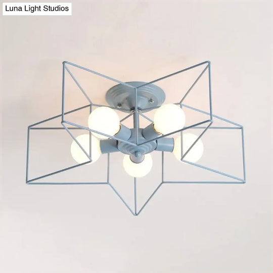 Stylish Grey/Pink Metallic Loft Indoor Semi-Flush Ceiling Light With Star Cage Shade - Set Of 5