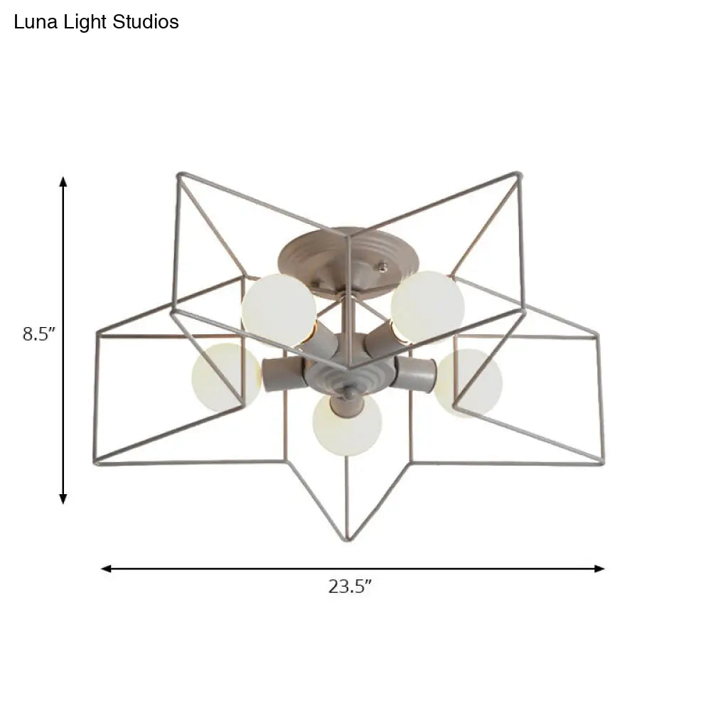 Stylish Grey/Pink Metallic Loft Indoor Semi-Flush Ceiling Light With Star Cage Shade - Set Of 5