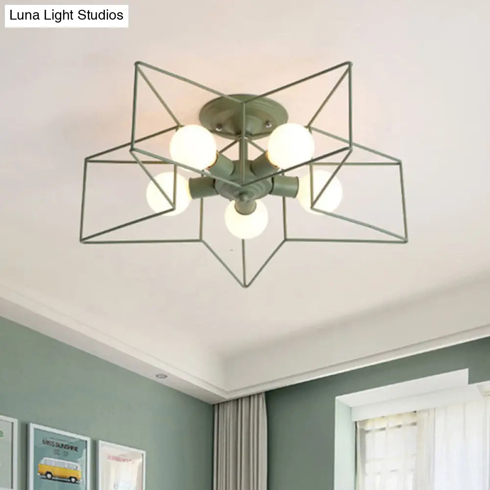 Stylish Grey/Pink Metallic Loft Indoor Semi-Flush Ceiling Light With Star Cage Shade - Set Of 5