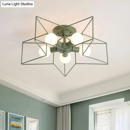 Stylish Grey/Pink Metallic Loft Indoor Semi-Flush Ceiling Light With Star Cage Shade - Set Of 5