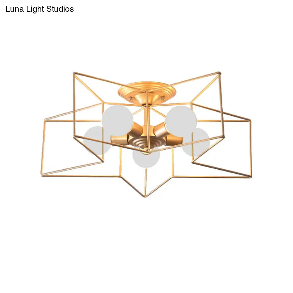 Stylish Grey/Pink Metallic Loft Indoor Semi-Flush Ceiling Light With Star Cage Shade - Set Of 5