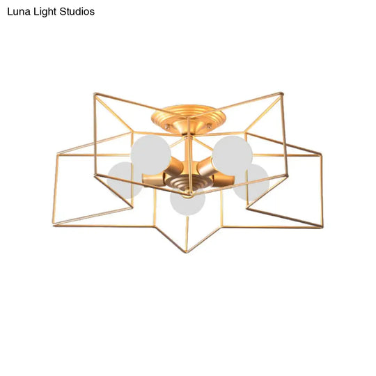 Stylish Grey/Pink Metallic Loft Indoor Semi-Flush Ceiling Light With Star Cage Shade - Set Of 5