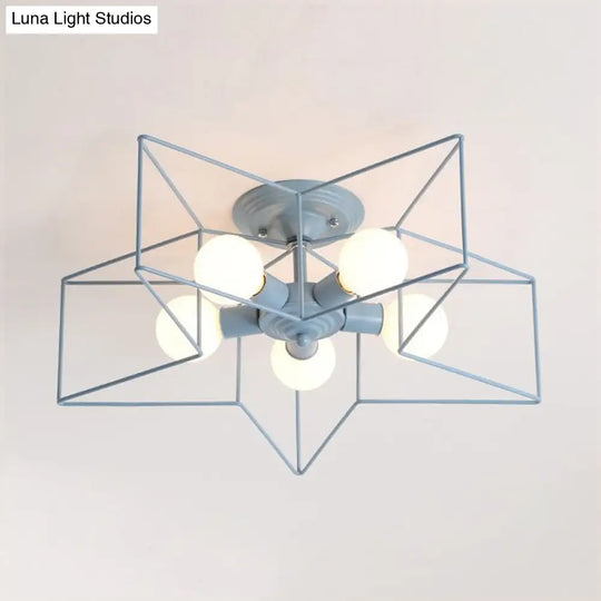 Stylish Grey/Pink Metallic Loft Indoor Semi-Flush Ceiling Light With Star Cage Shade - Set Of 5