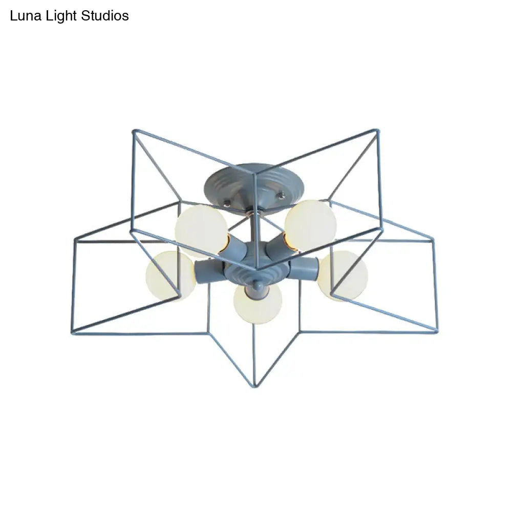 Stylish Grey/Pink Metallic Loft Indoor Semi-Flush Ceiling Light With Star Cage Shade - Set Of 5