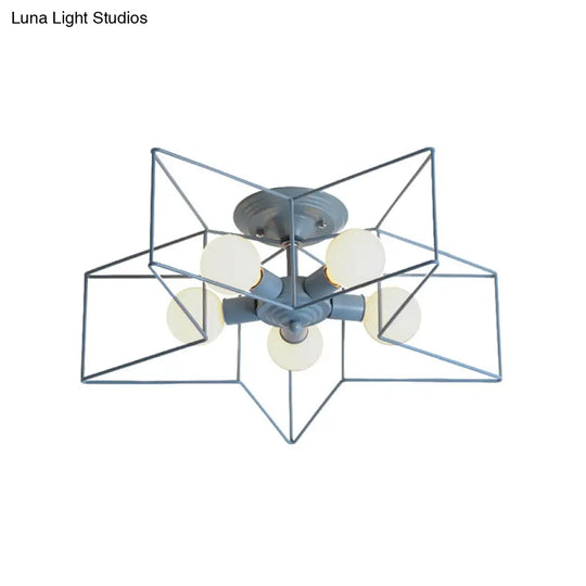Stylish Grey/Pink Metallic Loft Indoor Semi-Flush Ceiling Light With Star Cage Shade - Set Of 5