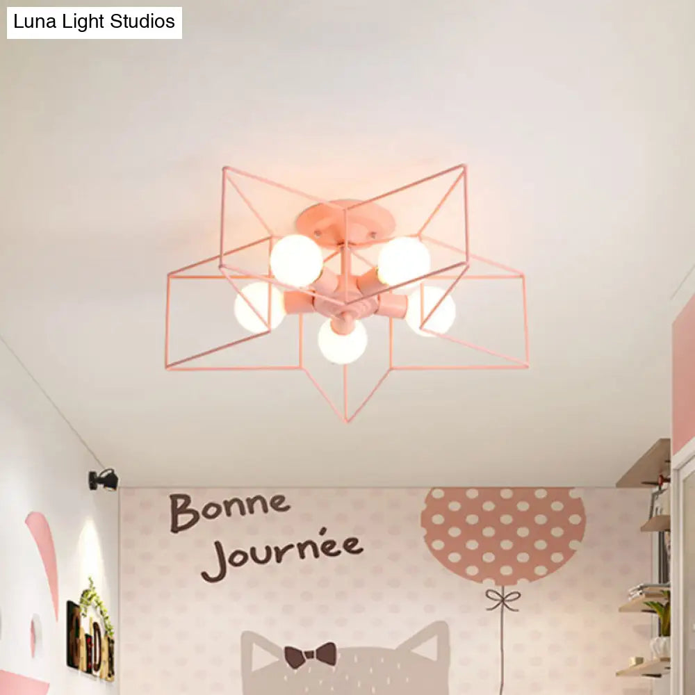 Stylish Grey/Pink Metallic Loft Indoor Semi-Flush Ceiling Light With Star Cage Shade - Set Of 5