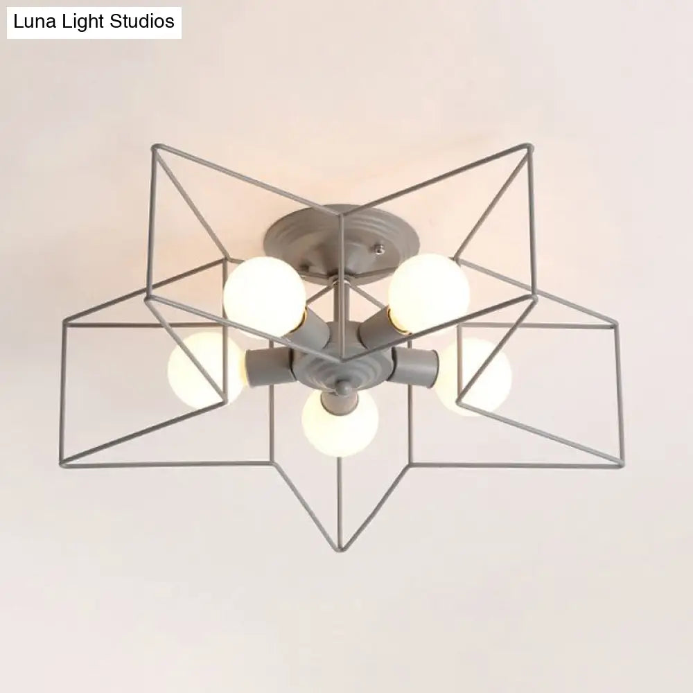 Stylish Grey/Pink Metallic Loft Indoor Semi-Flush Ceiling Light With Star Cage Shade - Set Of 5