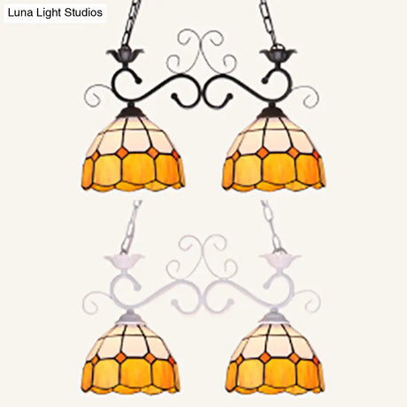 Stylish Grid Dome Chandelier: 2-Head Tiffany Island Lamp In Black/White - Perfect For Dining Room