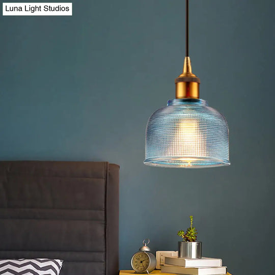 Stylish Grid Glass Pendant Light - Traditional 1 Head Hanging Lamp Cup Shade For Living Room And