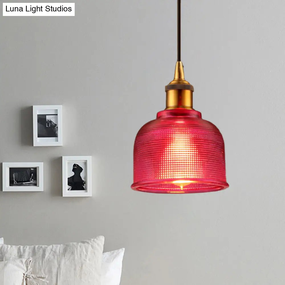 Stylish Grid Glass Pendant Light - Traditional 1 Head Hanging Lamp Cup Shade For Living Room And