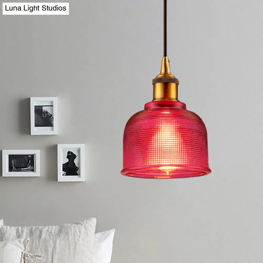 Stylish Grid Glass Pendant Light - Traditional 1 Head Hanging Lamp Cup Shade For Living Room And