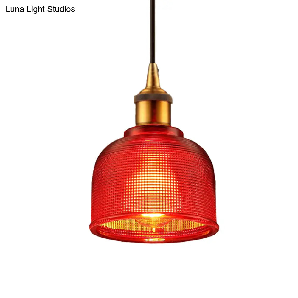 Stylish Grid Glass Pendant Light - Traditional 1 Head Hanging Lamp Cup Shade For Living Room And