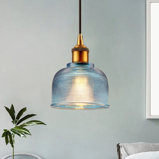 Stylish Grid Glass Pendant Light - Traditional 1 Head Hanging Lamp Cup Shade For Living Room And