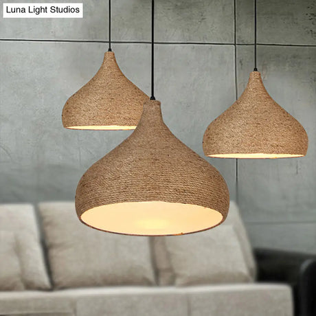Stylish Hemp Rope Teardrop Pendant Light: Lodge-Inspired Beige Suspension Lamp With 1 Bulb For