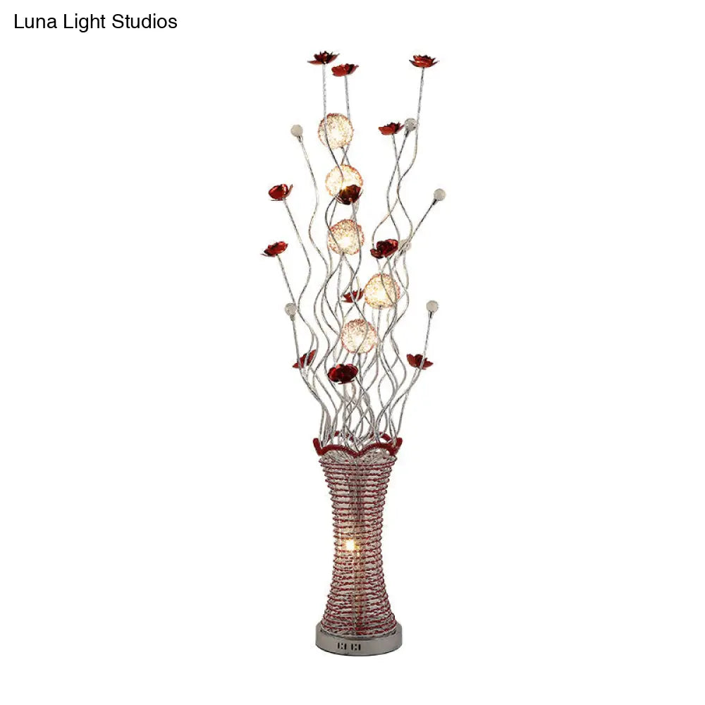 Stylish Led Vine Floor Lamp In Red - Pleated Vase Design Aluminum Construction Perfect For Reading