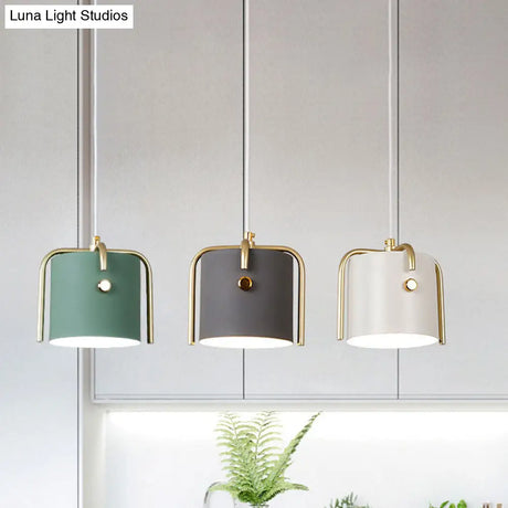 Stylish Macaron Hanging Light - 1 With Metallic Shade Gray/White Barrel Suspension Lamp Ideal For