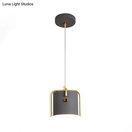 Stylish Macaron Hanging Light - 1 With Metallic Shade Gray/White Barrel Suspension Lamp Ideal For