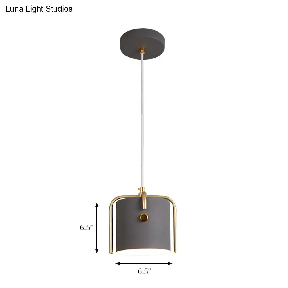 Stylish Macaron Hanging Light - 1 With Metallic Shade Gray/White Barrel Suspension Lamp Ideal For