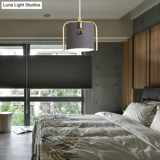 Stylish Macaron Hanging Light - 1 With Metallic Shade Gray/White Barrel Suspension Lamp Ideal For