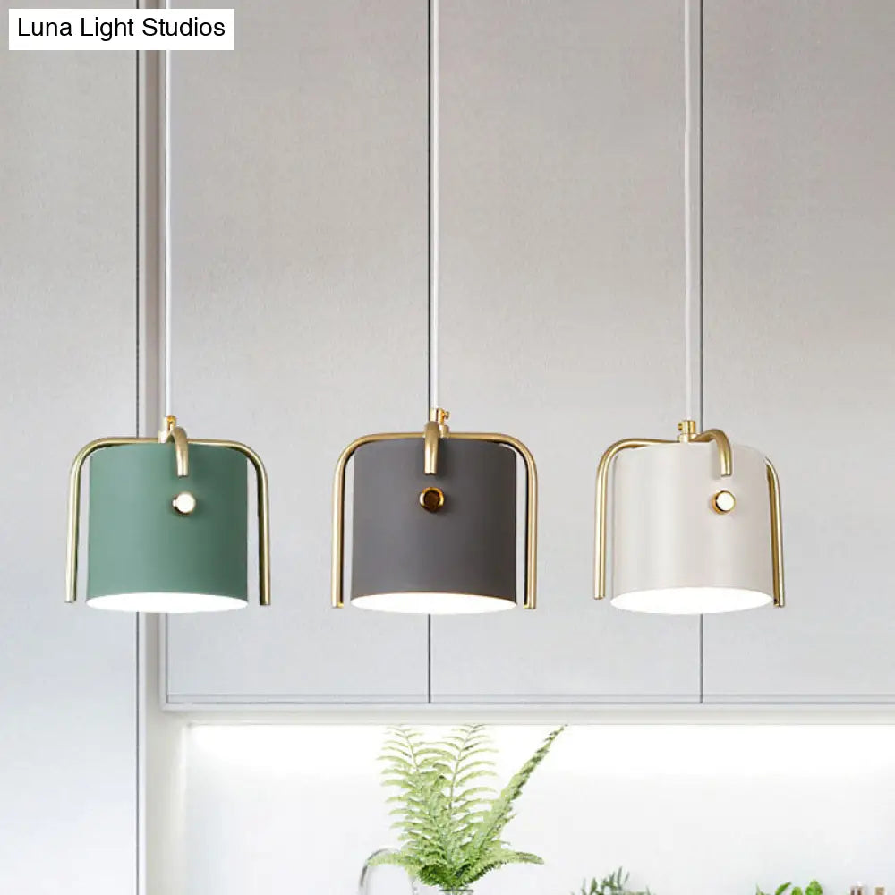 Stylish Macaron Hanging Light - 1 With Metallic Shade Gray/White Barrel Suspension Lamp Ideal For