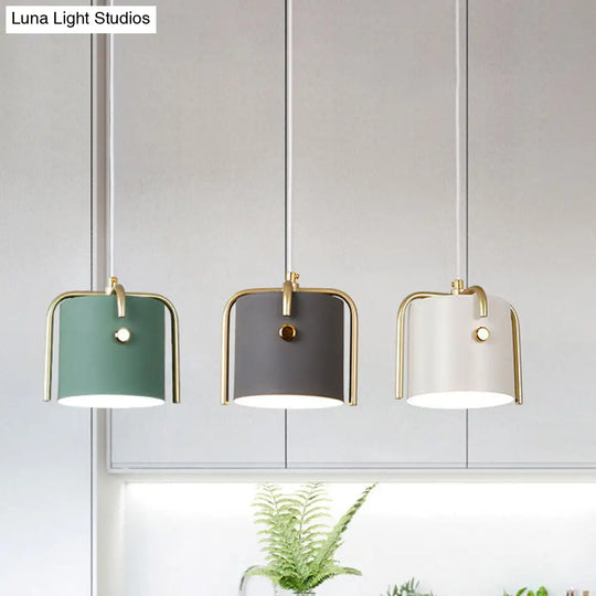 Stylish Macaron Hanging Light - 1 With Metallic Shade Gray/White Barrel Suspension Lamp Ideal For
