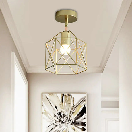 Stylish Metal Semi - Mount Ceiling Fixture With Brass Finish - 1 Bulb Bedroom Lighting In