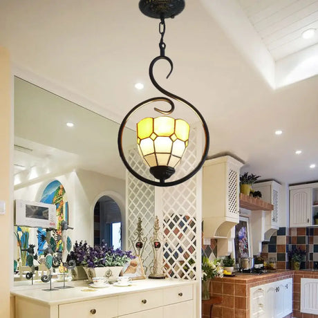 Stylish Orange Grid Dome Pendant Light With Tiffany Glass And Stainless Steel Suspension