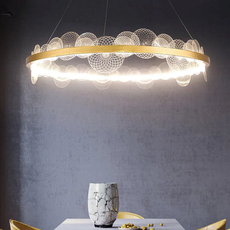 Stylish Retro Acrylic Led Chandelier With Transparent Flaked Design & Gold Hoop