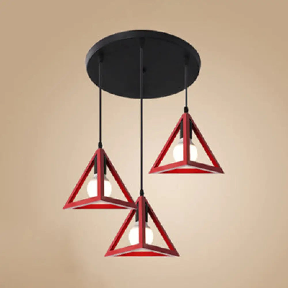 Stylish Retro Pendant Ceiling Light With Metallic Red/Yellow Triangle Design - 3 Heads Foyer