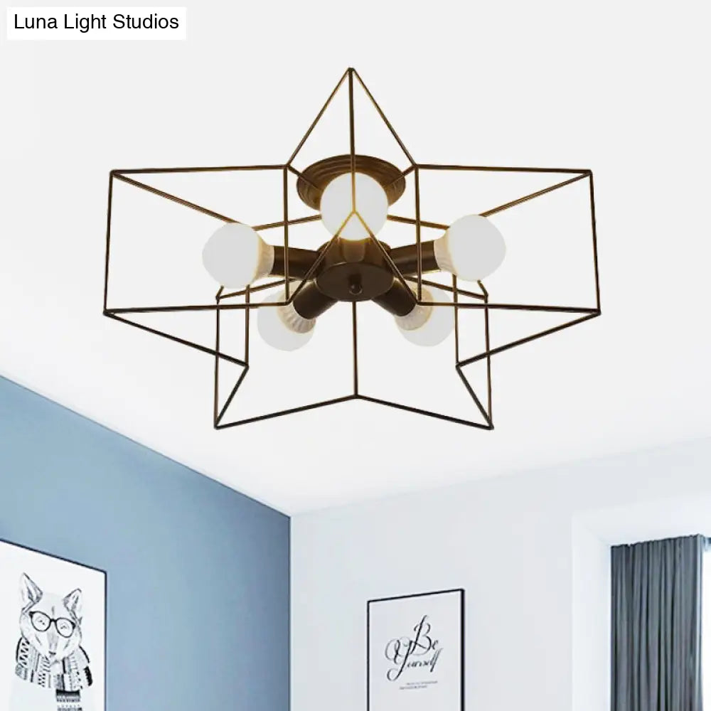 Stylish Star Cage Semi Flush Pendant Light With Metallic Shade - 5 Lights For Bedroom Ceiling
