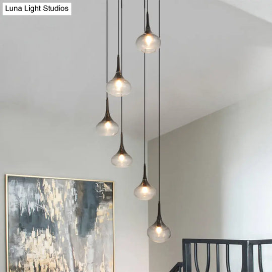 6-Bulb Ombre Smoke Glass Teardrop Pendant Light For Modern Staircase Ceiling Hang