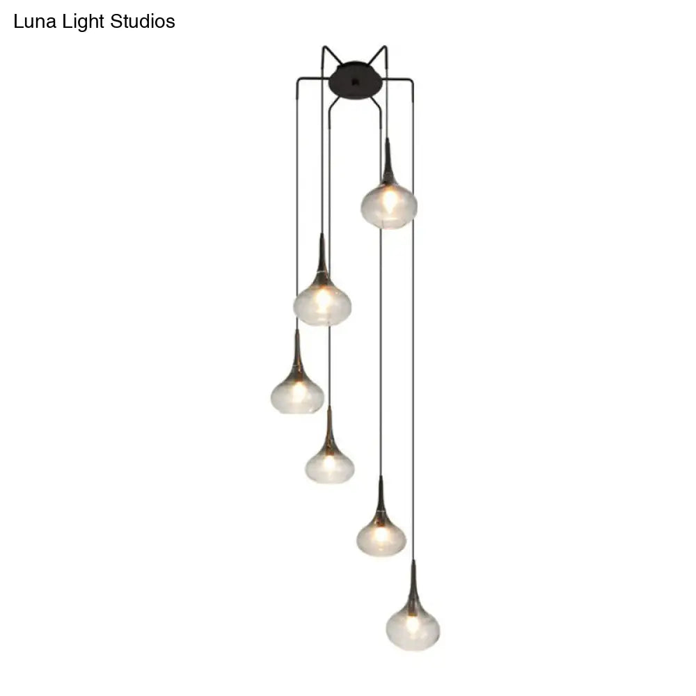 6-Bulb Ombre Smoke Glass Teardrop Pendant Light For Modern Staircase Ceiling Hang Gray